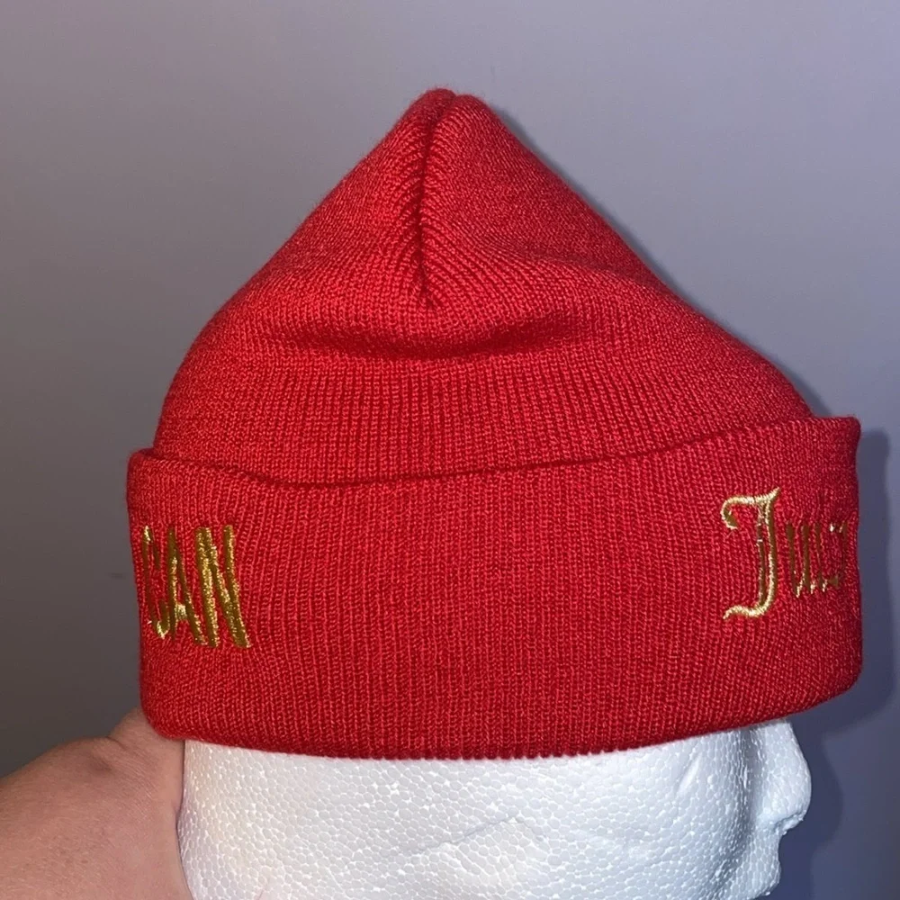 Juicy Couture “Yes Oui Can” Knit Embroidered Beanie Hat Red Gold